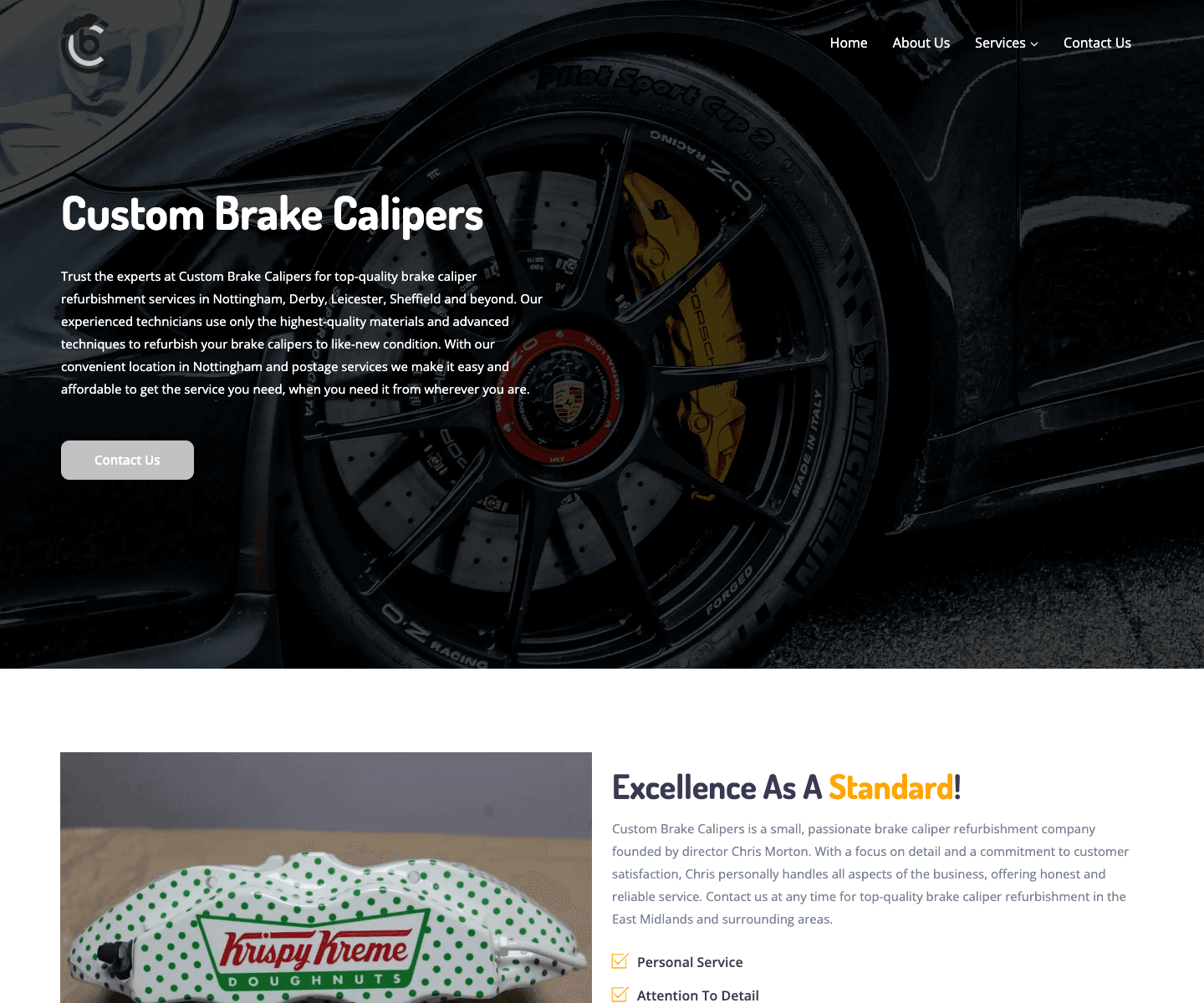 Custom Brake Calipers website displayed at desktop size